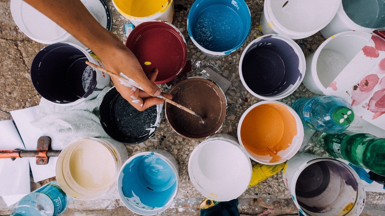 painter, paint cans, brush